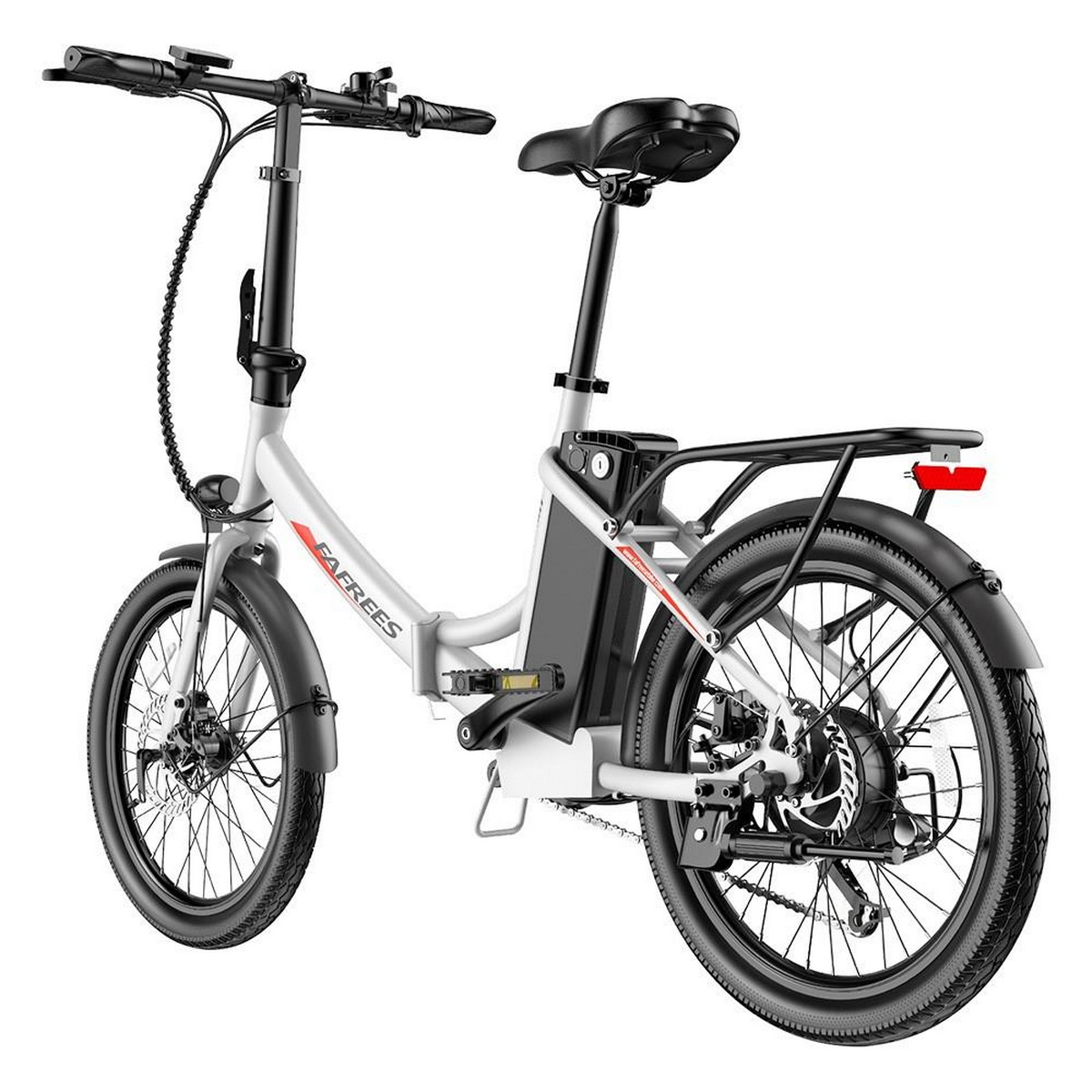 Weißes und graues faltbares Elektrofahrrad. Schwarzer Sitz und Gepäckträger. FAFREES-Text darauf.