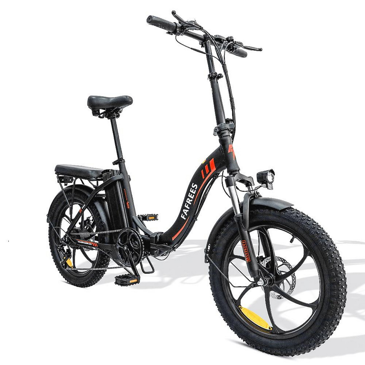 Schwarzes Elektrofahrrad auf weißem Hintergrund. Enthält den Text 'FAFREES' auf dem Rahmen.