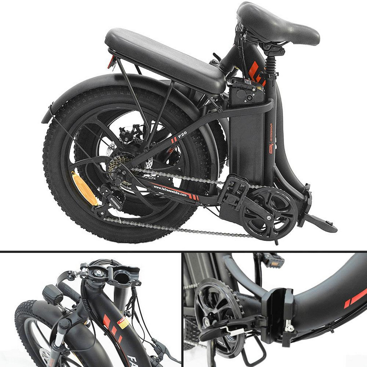 Ein zusammengeklapptes schwarzes Elektrofahrrad. Das Fahrrad ist schwarz, mit roten Akzenten.