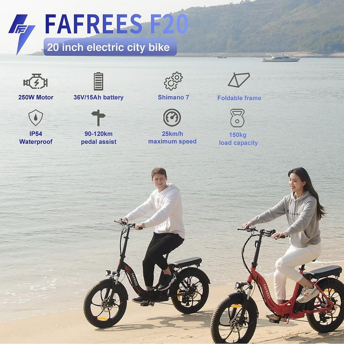 Zwei Personen fahren auf einem Strand mit FaFrees F20 Elektrofahrrädern. Textdetails zu den Spezifikationen.