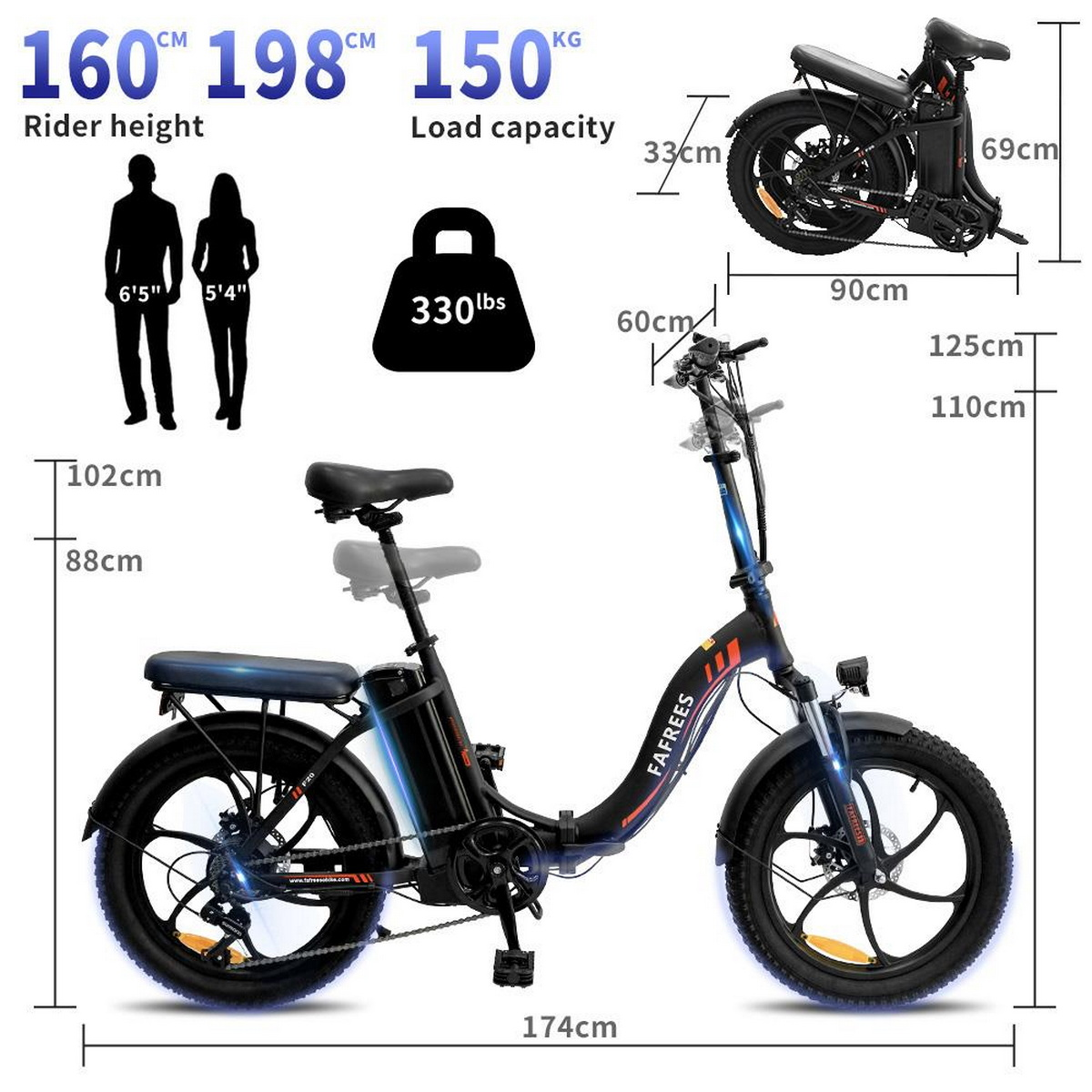 Schwarzes und rotes Elektrofahrrad mit Abmessungen und einer Person, die es fährt.