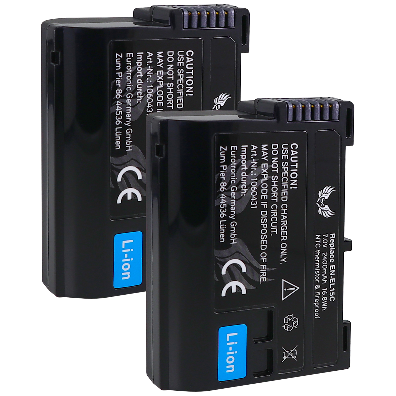 Zwei schwarze Batterien. Beide haben Warnhinweise und das Li-Ionen-Symbol.