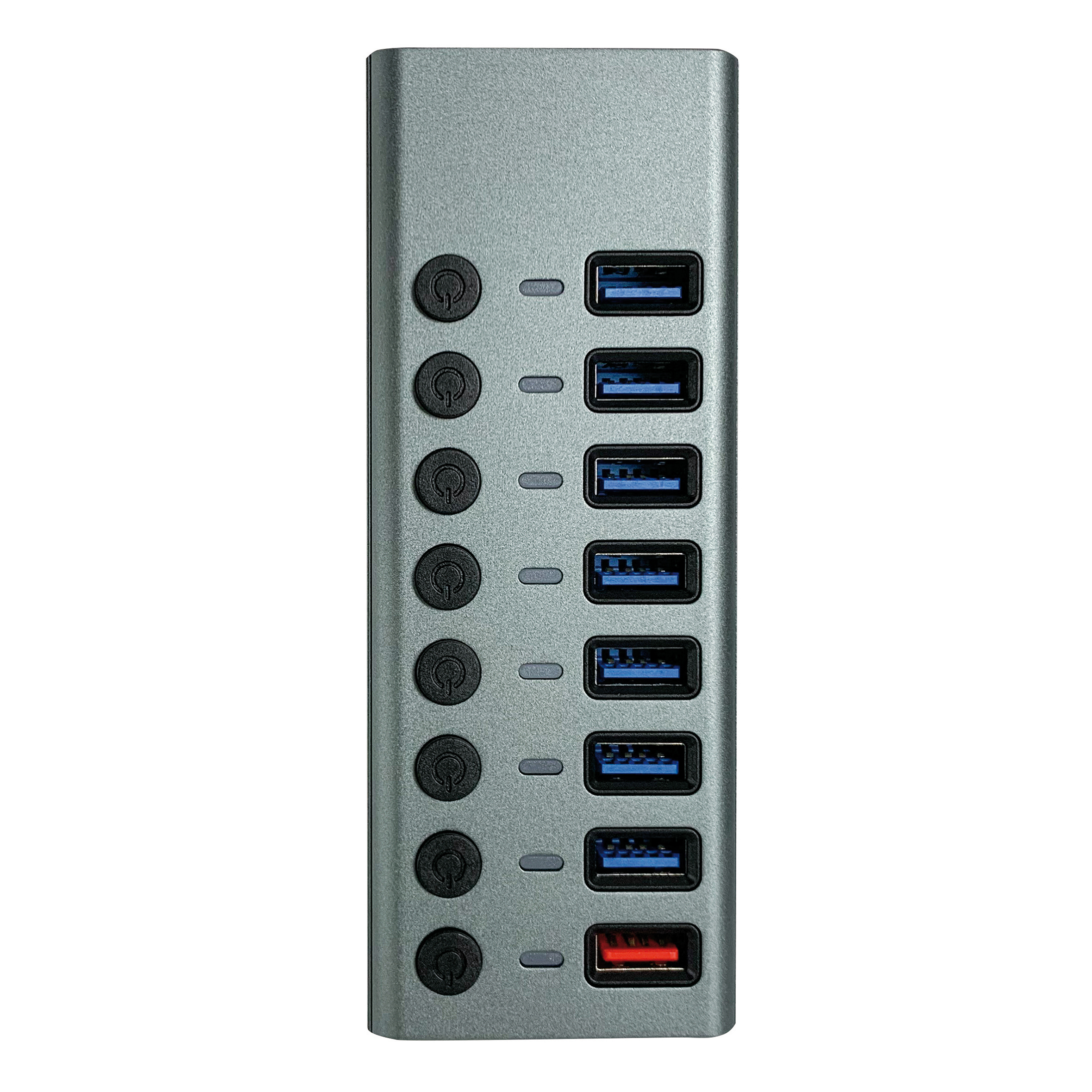 Ein grauer USB-Hub mit Ein-/Aus-Tasten und USB-Anschlüssen.