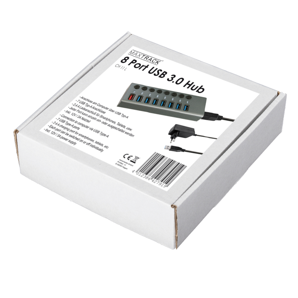 Ein 8-Port USB 3.0 Hub in einer Box. Inklusive Netzteil und Kabel.