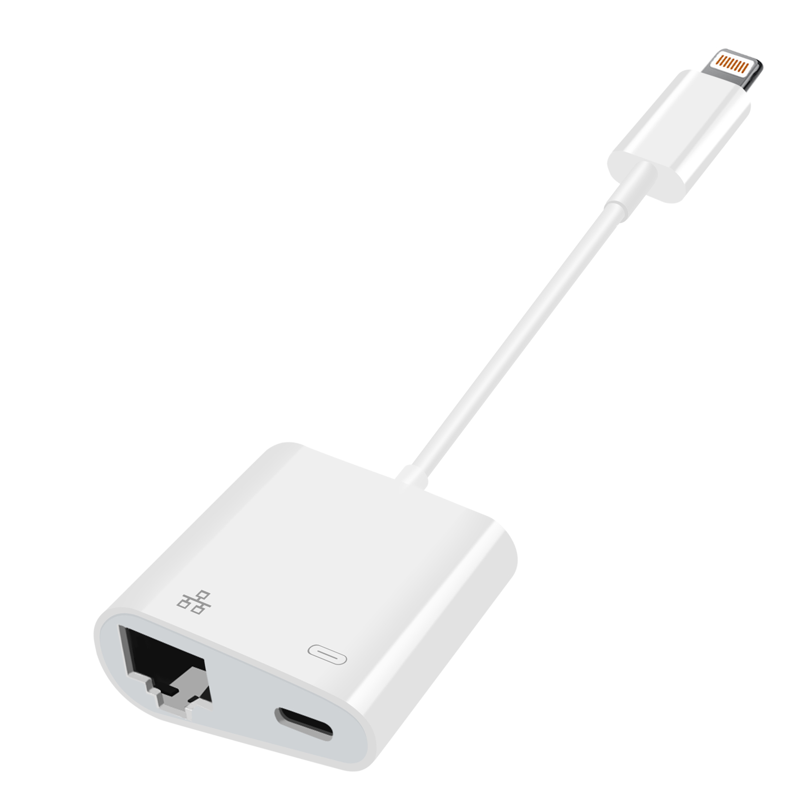 Un adaptateur blanc avec un port réseau et un connecteur Lightning.