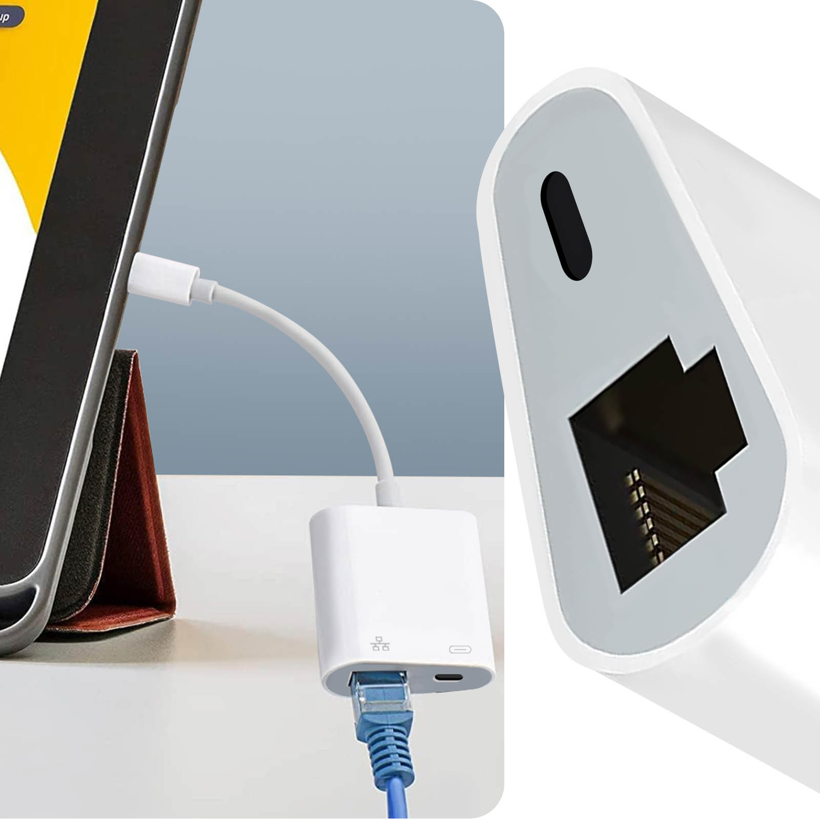 Adaptateur blanc avec câble bleu connecté à une tablette. Gros plan sur le port.