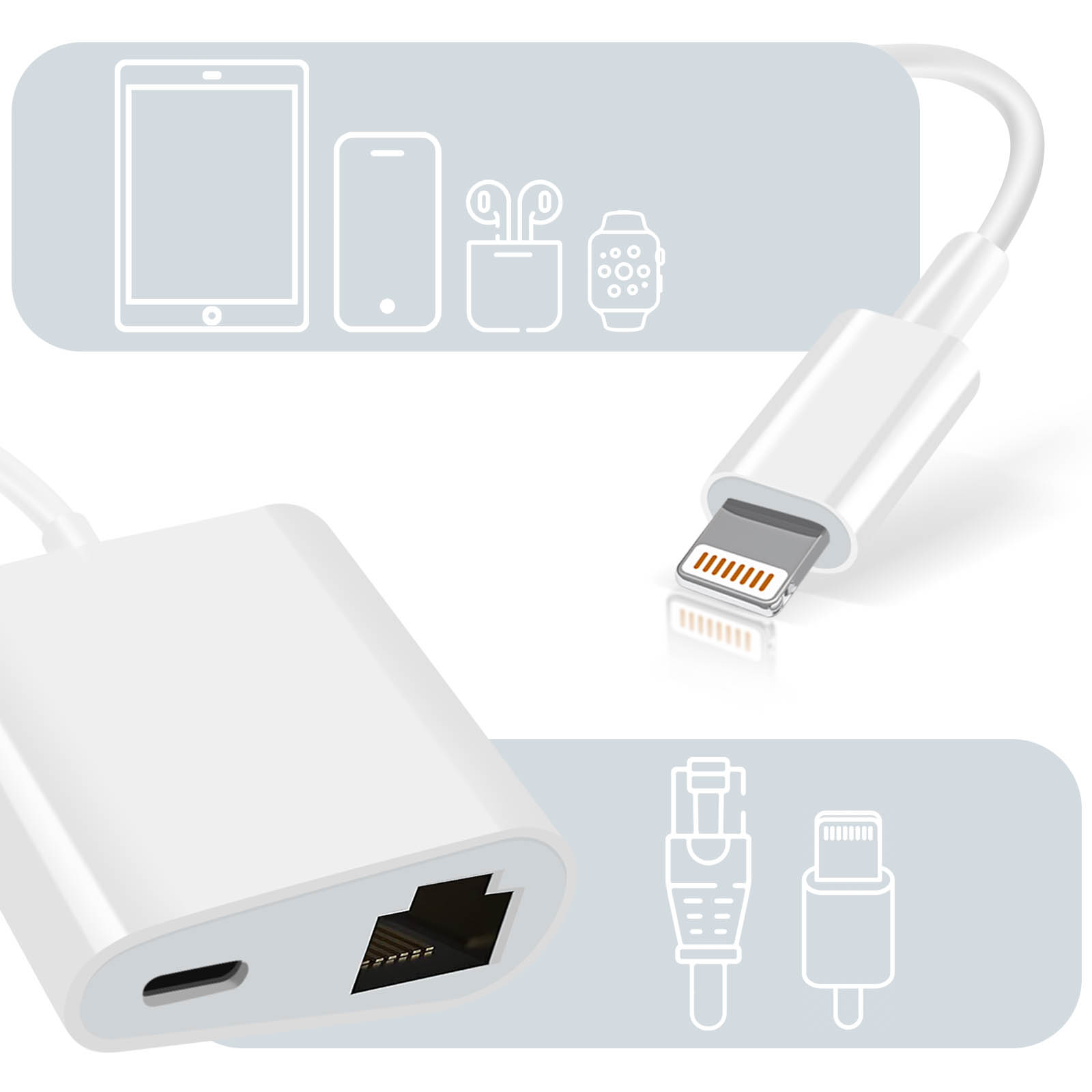 Câble adaptateur blanc avec connecteur Lightning et port USB-C, près des contours des appareils.