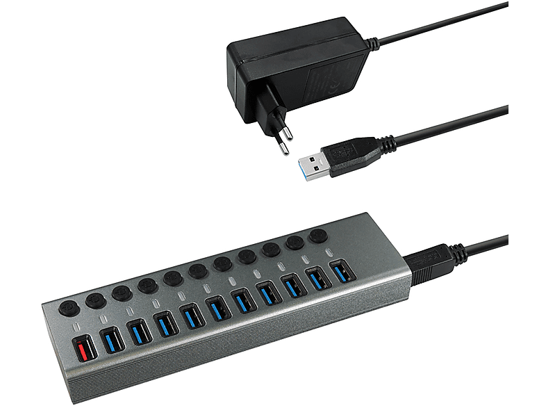 MAXTRACK CH12L 11 Port, USB Hub, aluminiumfarben