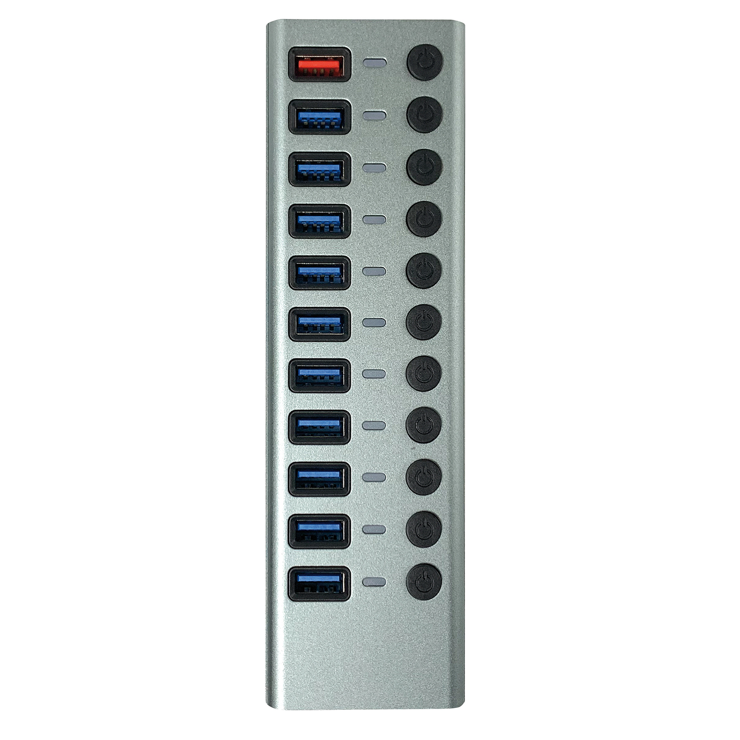 Silberner USB-Hub mit mehreren USB-Anschlüssen und individuellen Ein-/Aus-Schaltern.