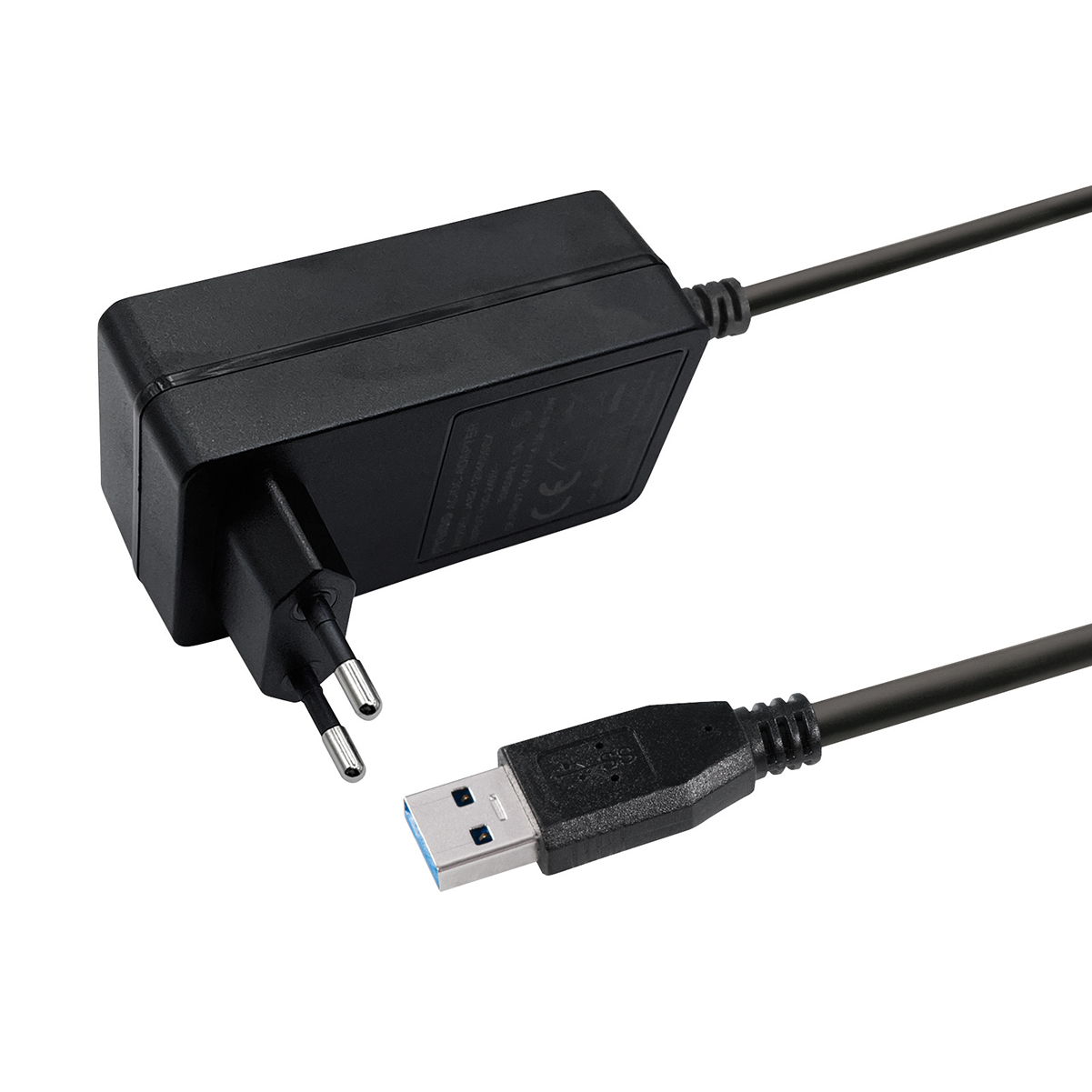 Schwarzes Netzteil mit USB-Kabel. Das USB-Ende hat einen blauen Anschluss.