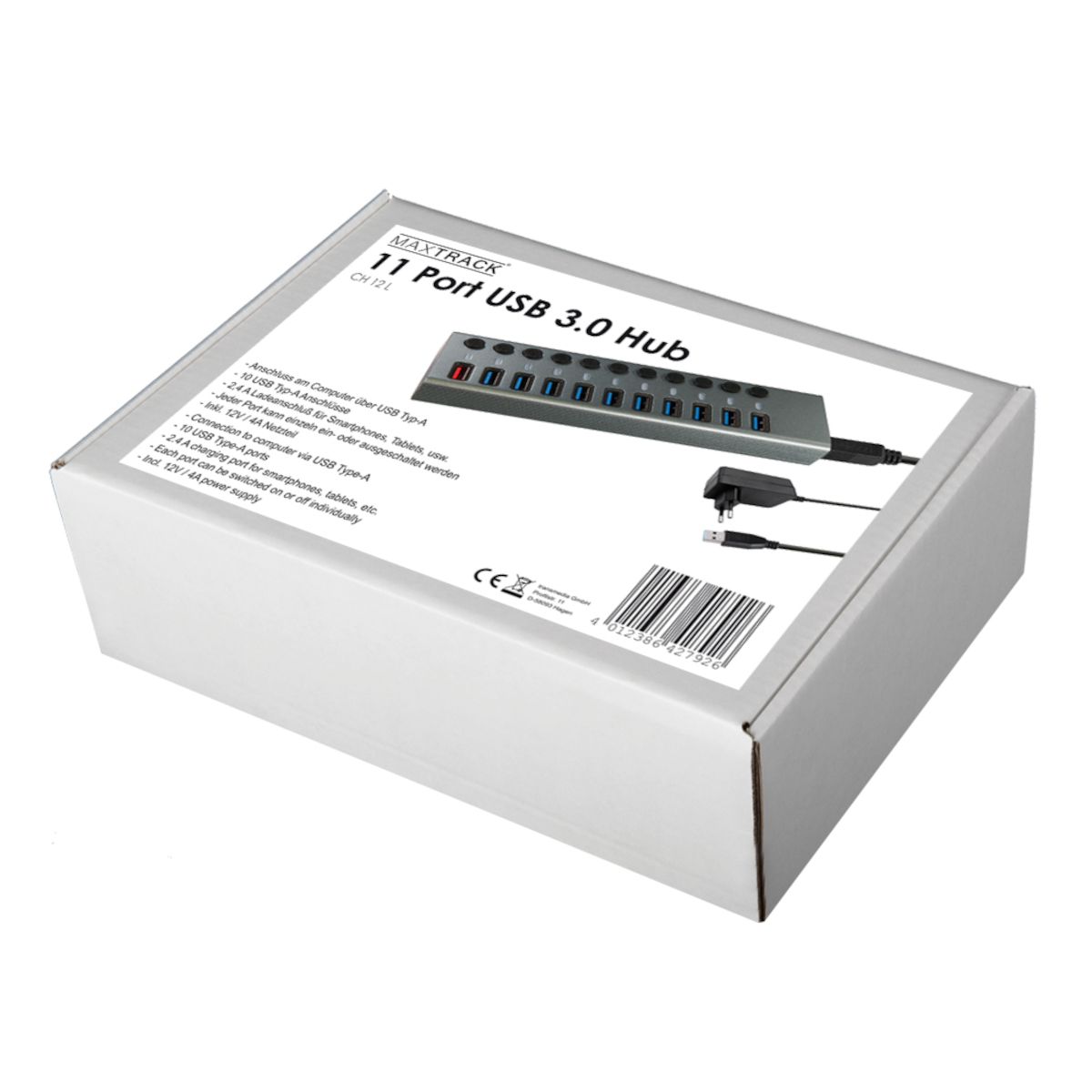 Eine weiße Box mit USB-Hub, Kabeln und Netzteil, Text und Barcode.
