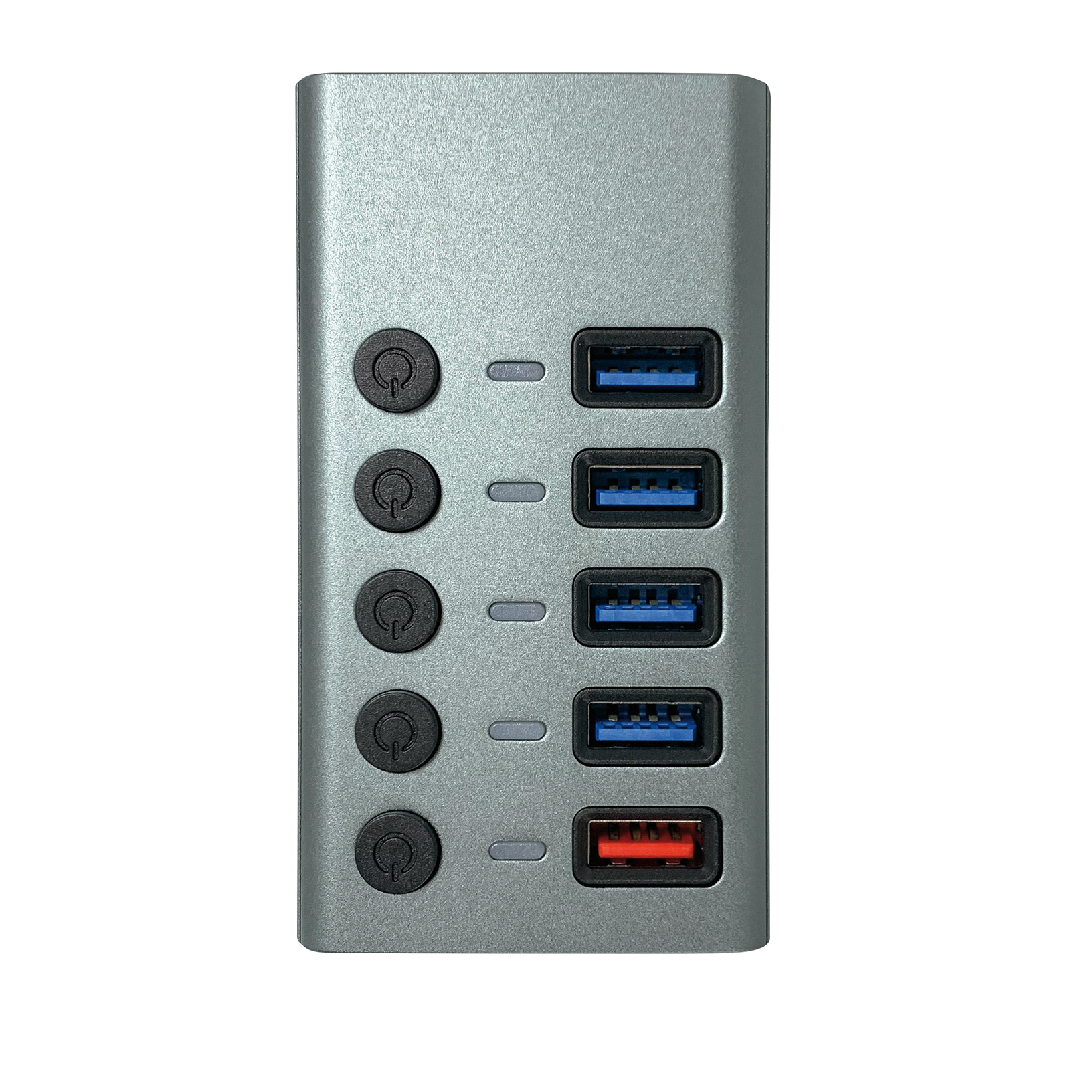 Grauer USB-Hub mit 5 USB-Anschlüssen. Jeder Anschluss hat eine Ein/Aus-Taste.