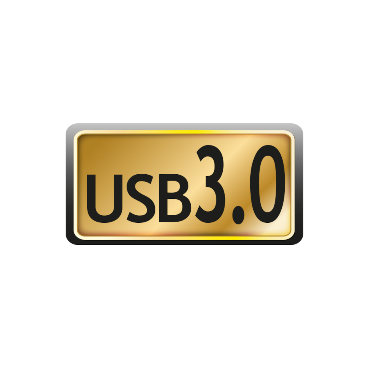 Goldenes rechteckiges USB 3.0 Logo auf weißem Hintergrund.
