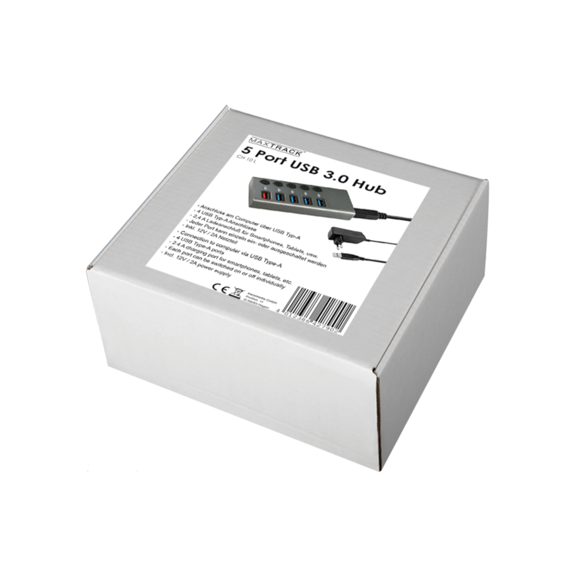 Eine weiße Box mit der Aufschrift 5 Port USB 3.0 Hub, mit USB-Kabel und Anschlüssen.