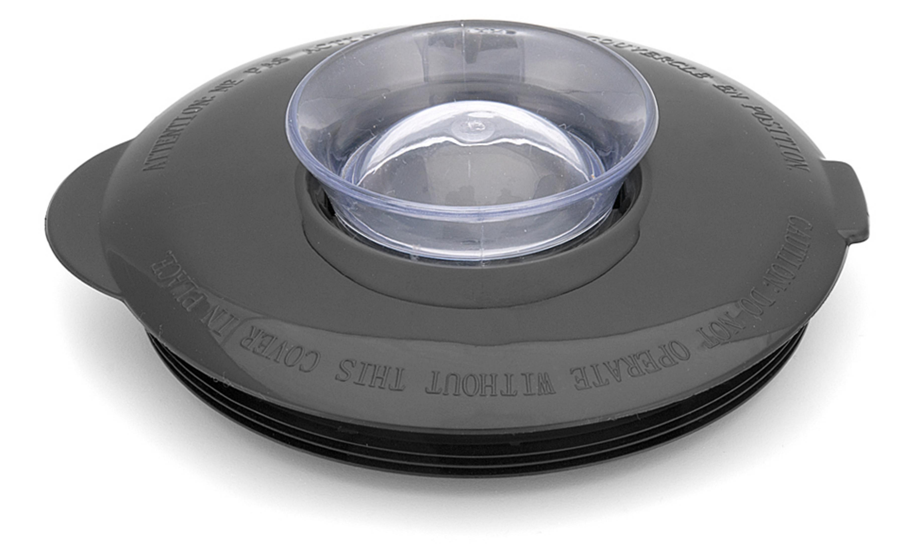 Szara pokrywa z przezroczystą plastikową przyssawką pośrodku, na białym tle.