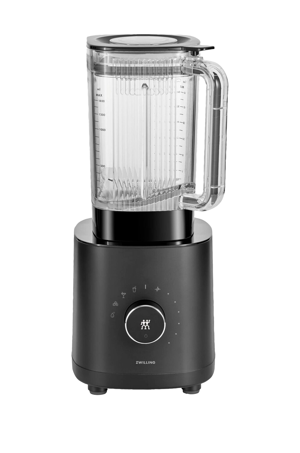 Schwarzer Mixer mit einem transparenten Behälter und einem Drehregler. Die Marke 'ZWILLING' ist sichtbar.