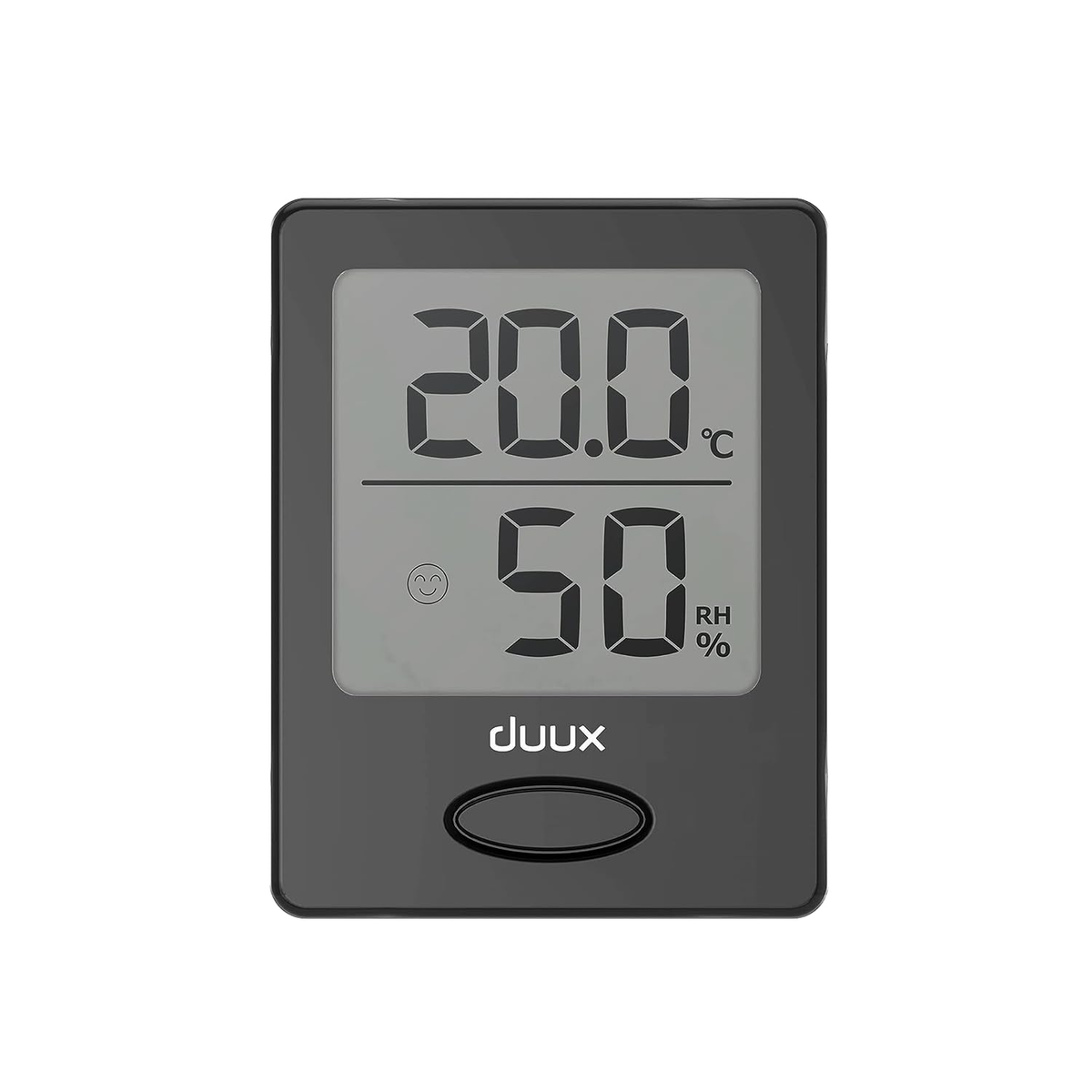 Termómetro digital negro que muestra 20,0°C y 50% HR, con la etiqueta 'duux'.