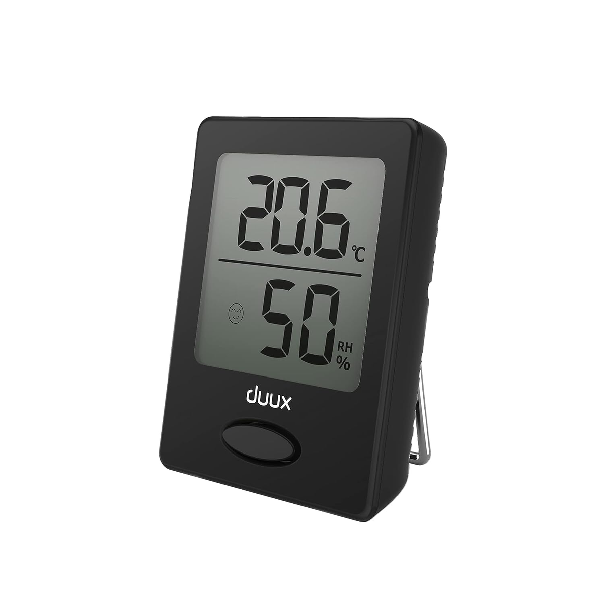 Termómetro digital negro que muestra 20,6 grados Celsius y 50% de humedad relativa.