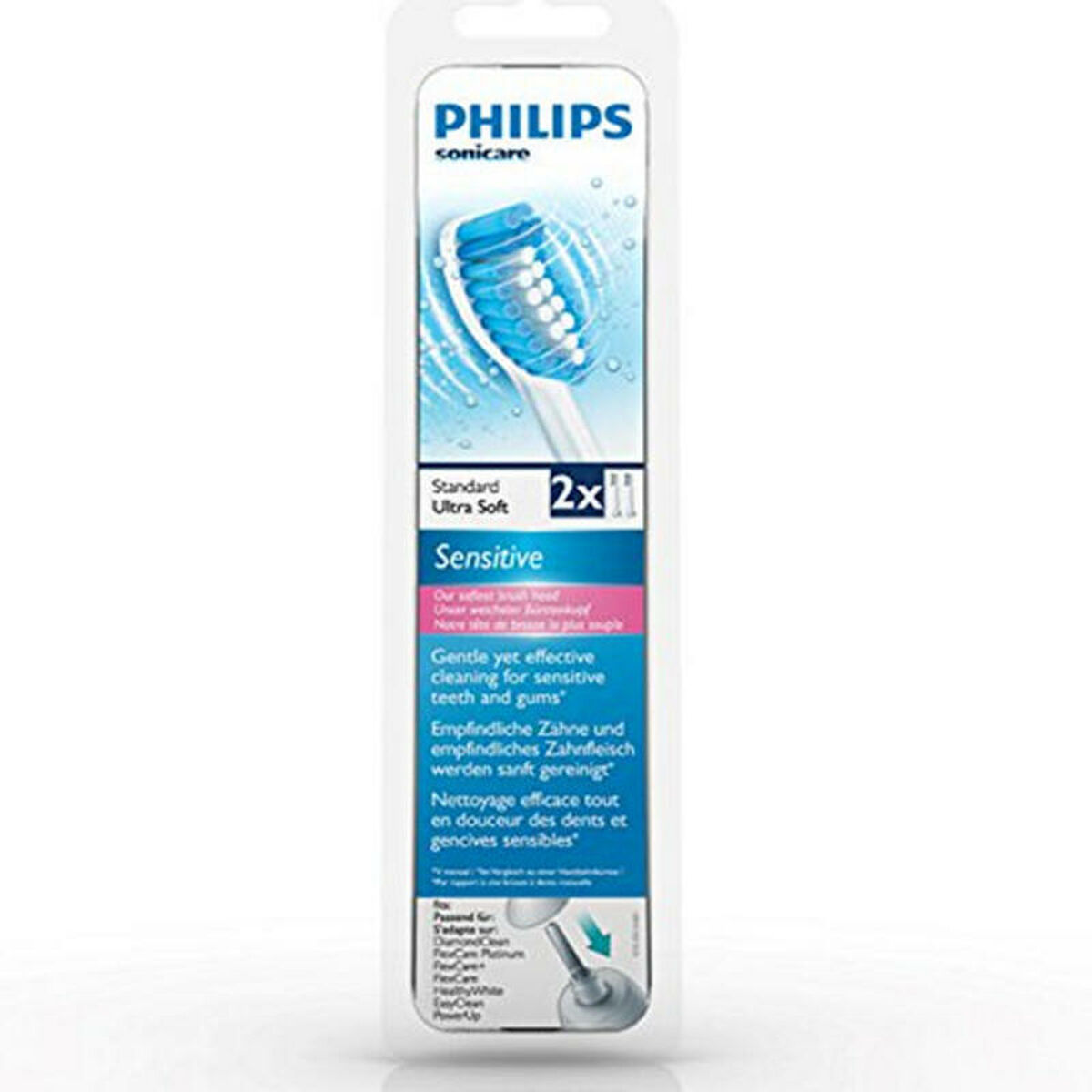 Una confezione di testine per spazzolino Philips Sonicare. Le testine sono bianche e blu.