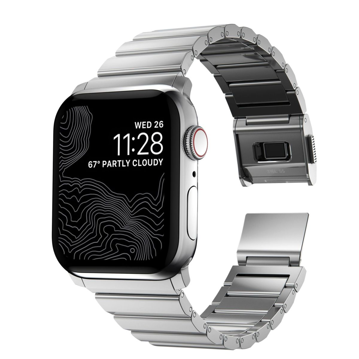 Srebrny Apple Watch z metalową bransoletą, pokazujący godzinę, datę i częściowo pochmurną pogodę.
