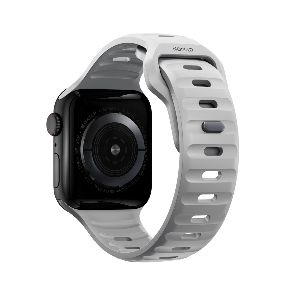 Biały smartwatch Nomad z czarną kopertą i ramką na białym tle.