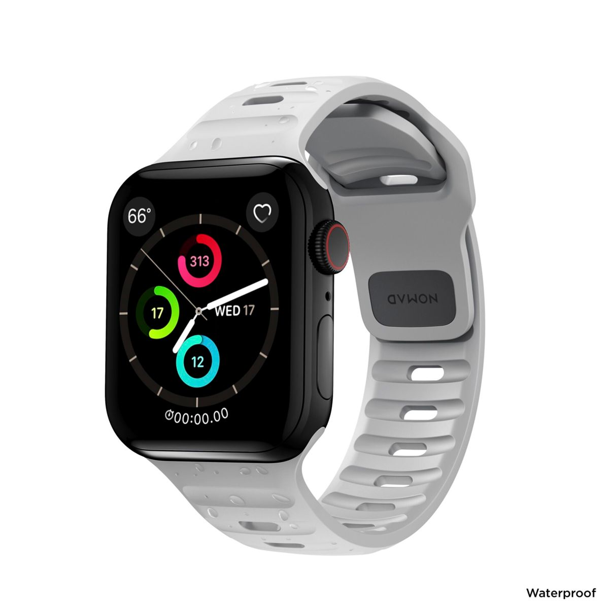 Szary smartwatch z czarną tarczą i białym paskiem.