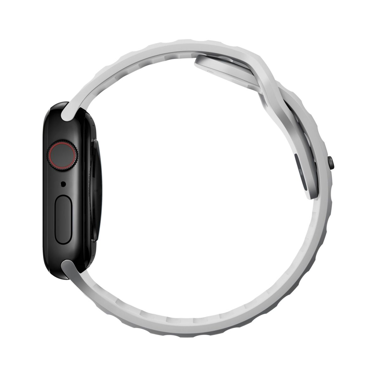 Czarny smartwatch z szarym paskiem, sfotografowany z boku.