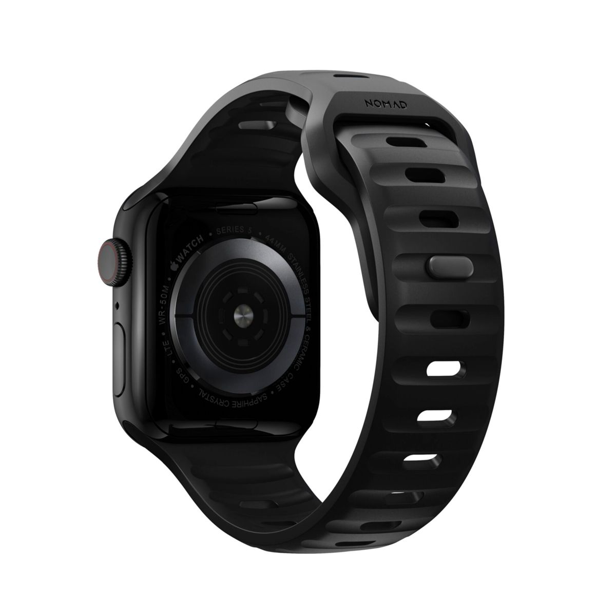 Schwarze Apple Watch mit schwarzem Armband. Die Uhr hat ein digitales Display.