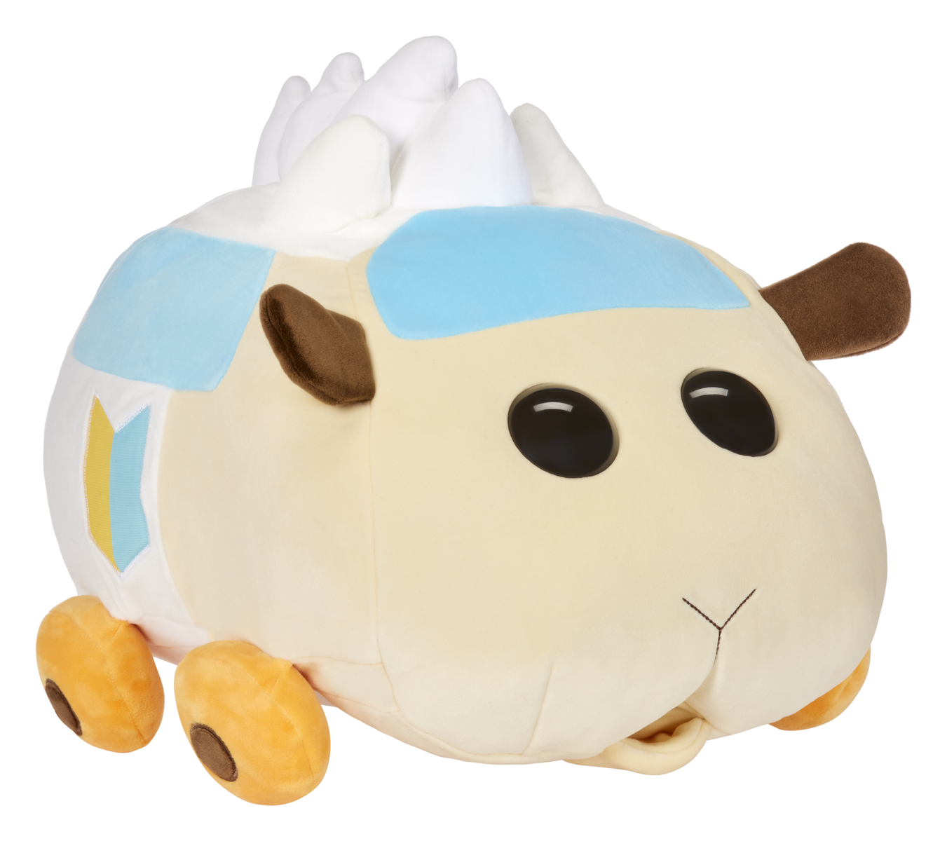 Un'auto giocattolo di peluche a forma di pecora, con corpo color crema, tetto blu, orecchie marroni e ruote arancioni.