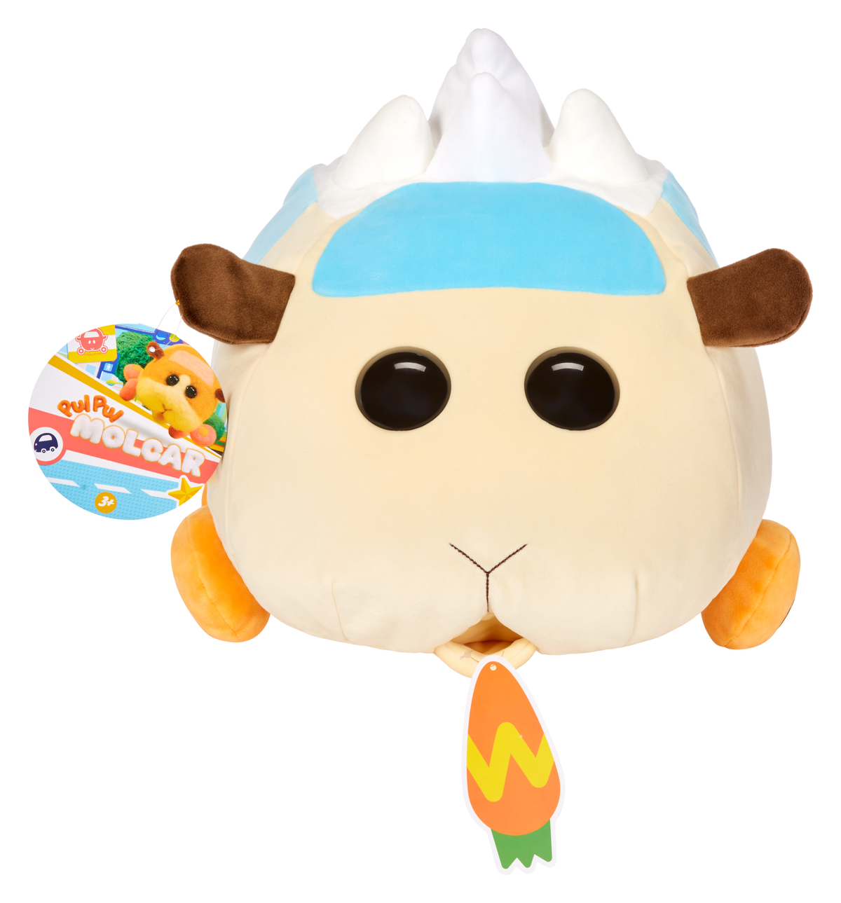 Un peluche Molcar con un'etichetta a forma di carota. Il giocattolo è bianco e crema con dettagli blu e orecchie marroni.