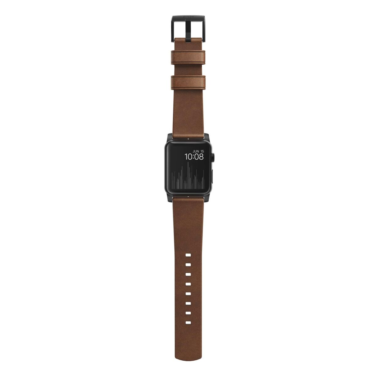 Braune Lederuhr mit schwarzem Zifferblatt, Anzeige 10:08. Braunes Lederarmband.