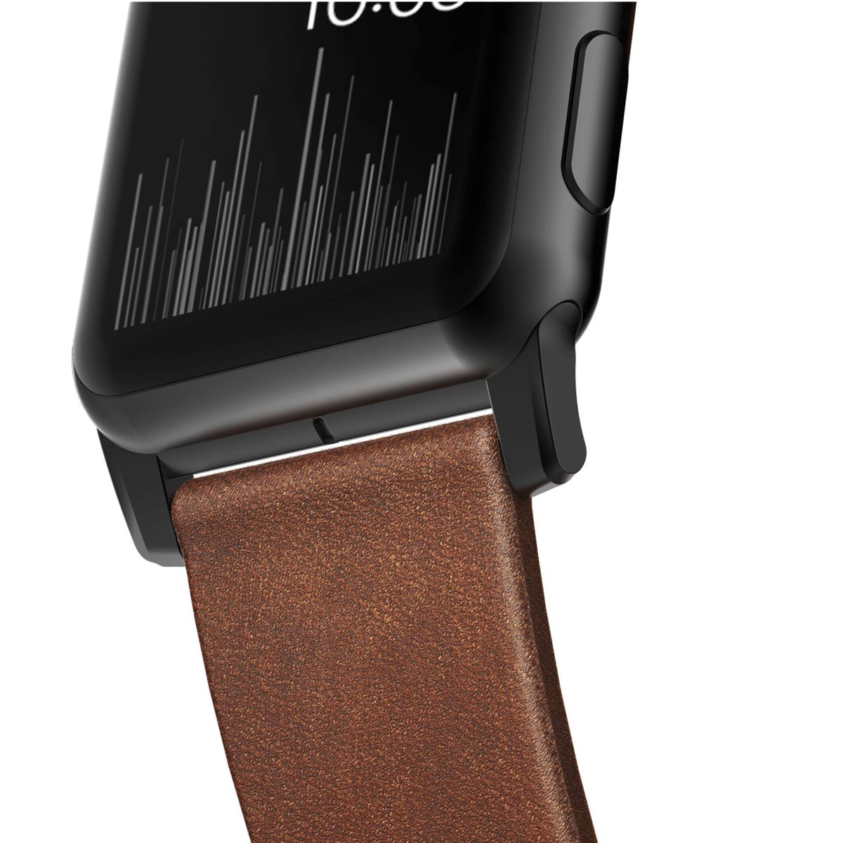 Nahaufnahme einer schwarzen Smartwatch mit braunem Lederarmband.