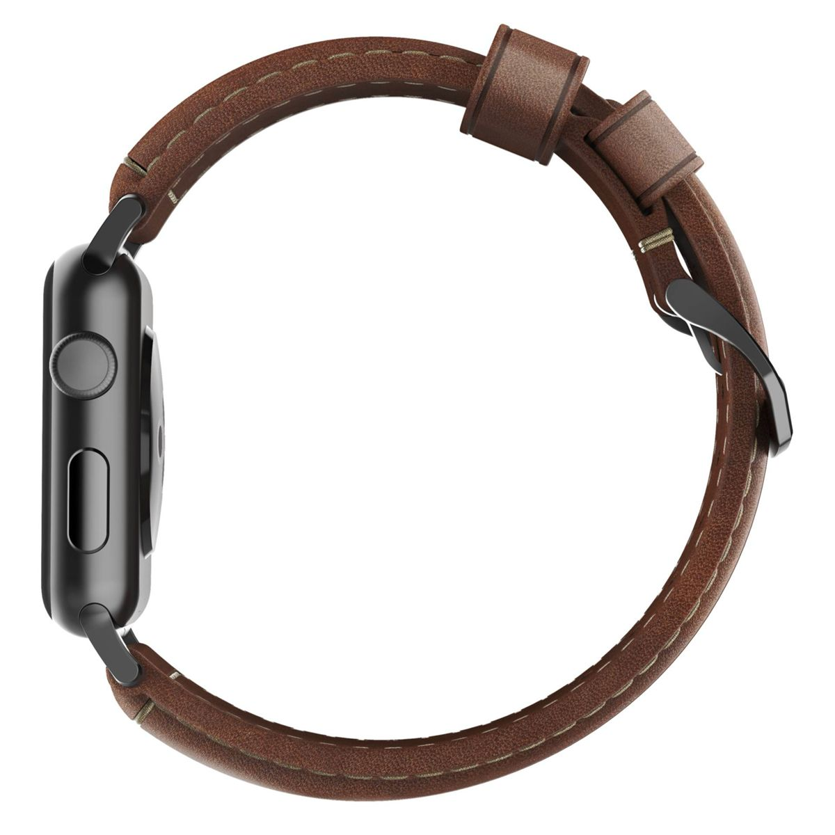 Un Apple Watch nero con cinturino in pelle marrone, vista laterale.