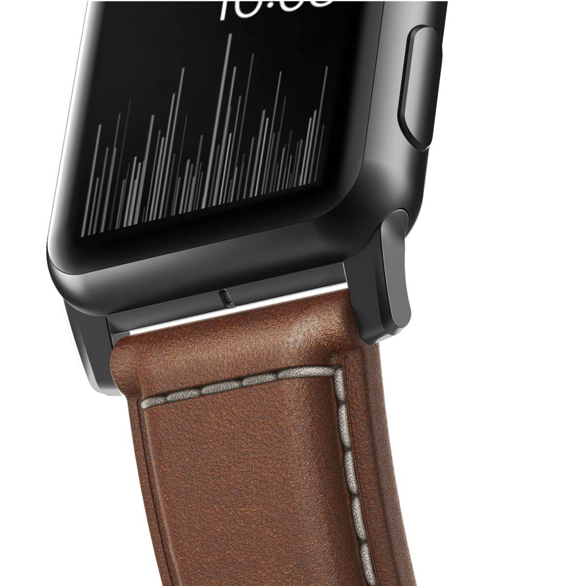 Primo piano di un cinturino in pelle marrone su uno smartwatch nero.