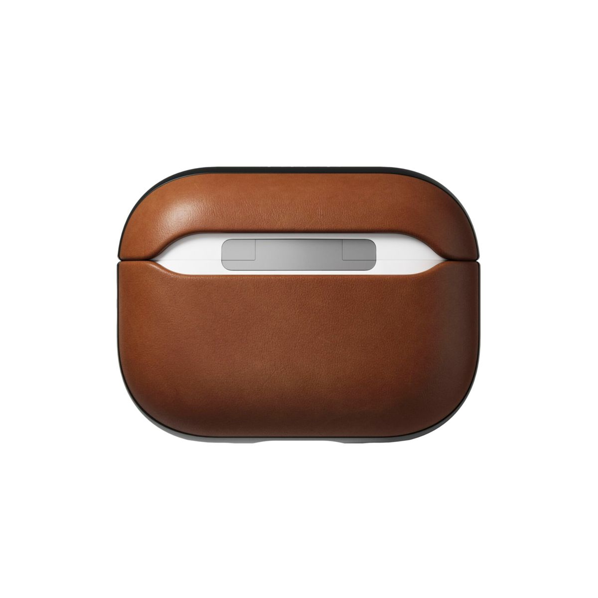 Ein braunes Leder-AirPods-Etui mit weißem Innenraum, weißer Hintergrund.
