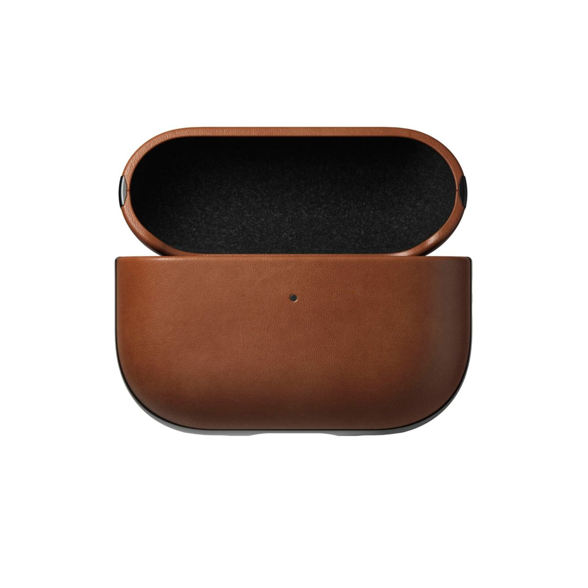 Geöffnete braune Leder AirPods Pro Hülle, zeigt das Innere mit schwarzem Filzfutter.