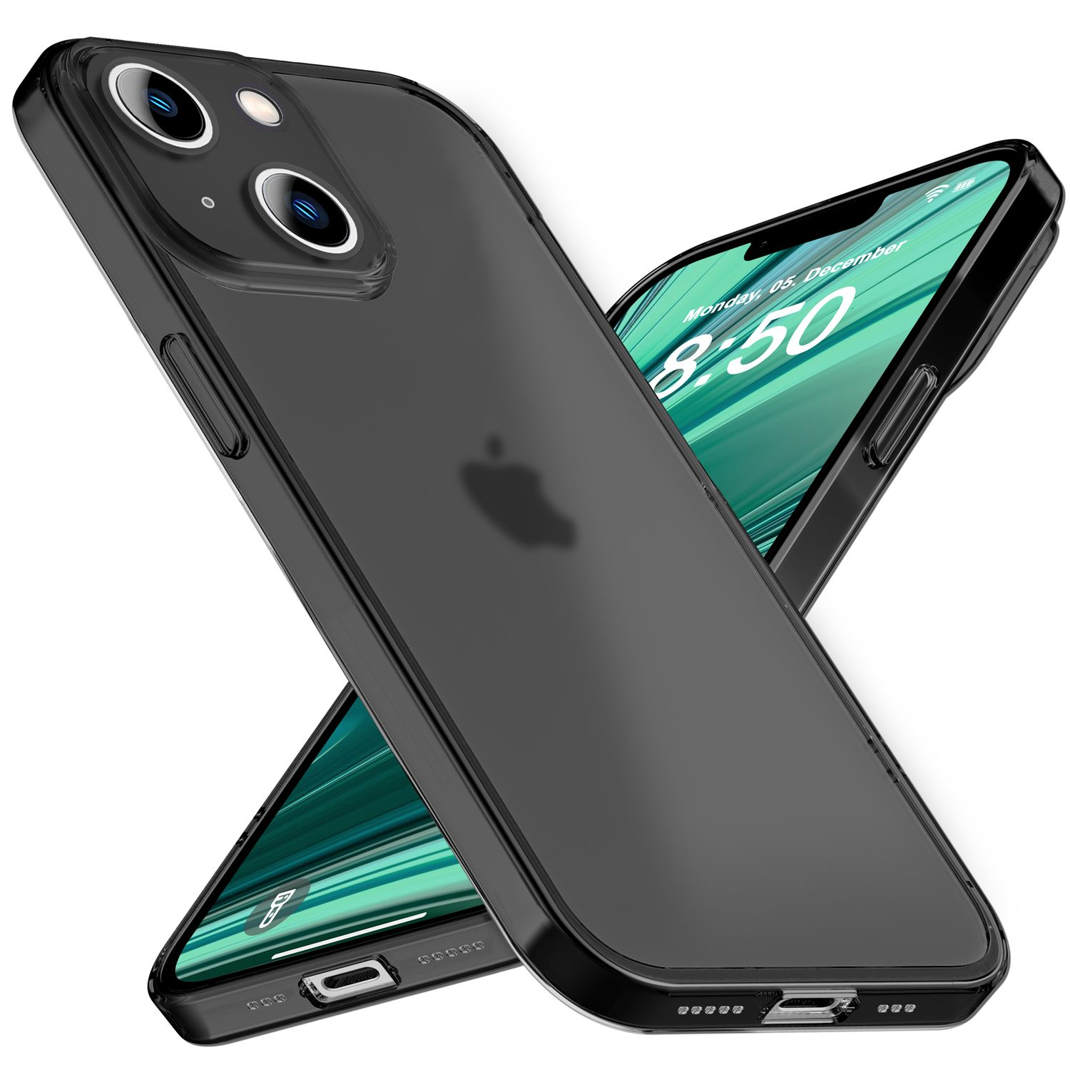 Schwarze Handyhülle mit Telefon dahinter, das Datum anzeigt. Weißer Hintergrund.