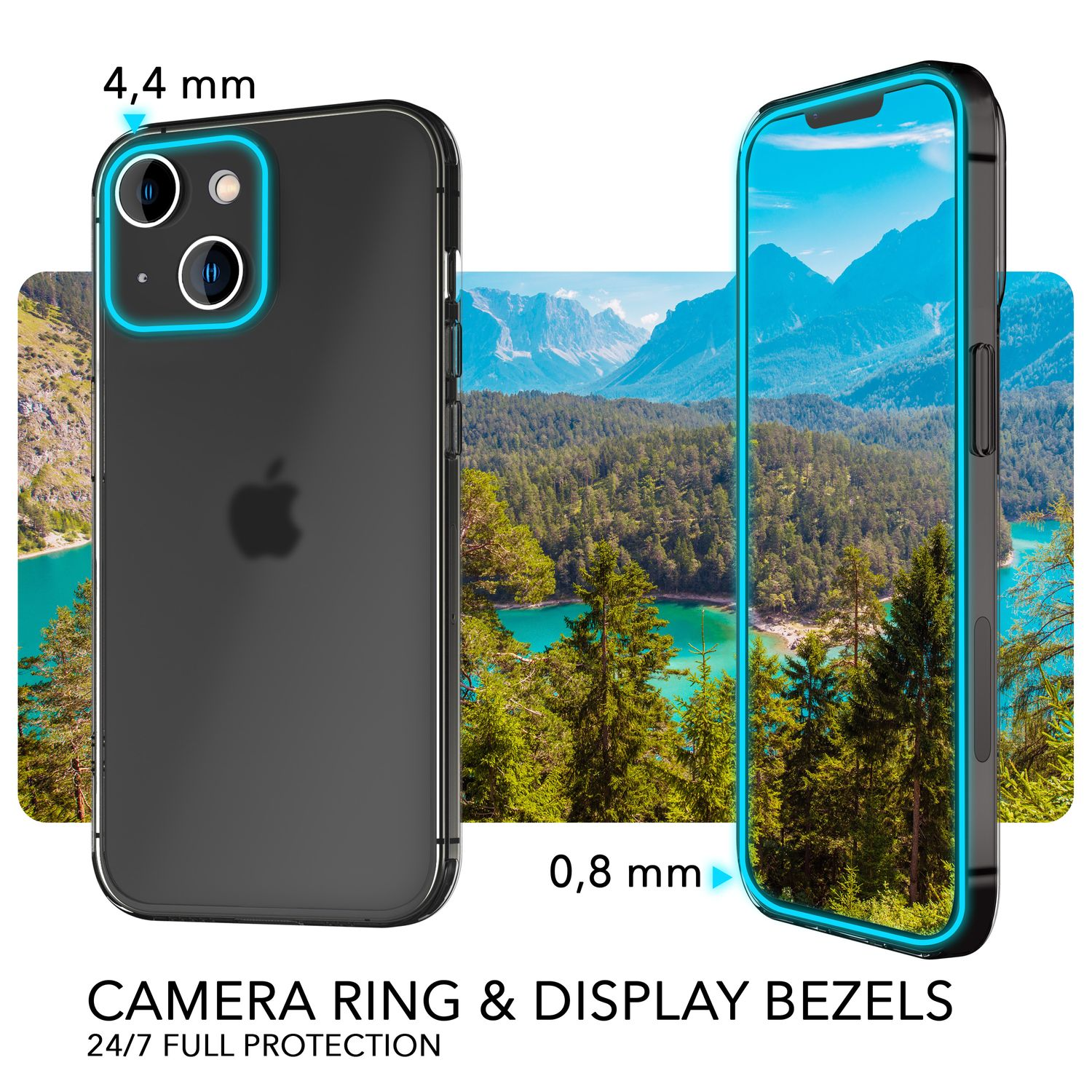 Ein Telefon in einer Hülle. Die Hülle ist um das Telefon herum. Der Hintergrund zeigt eine Landschaft.