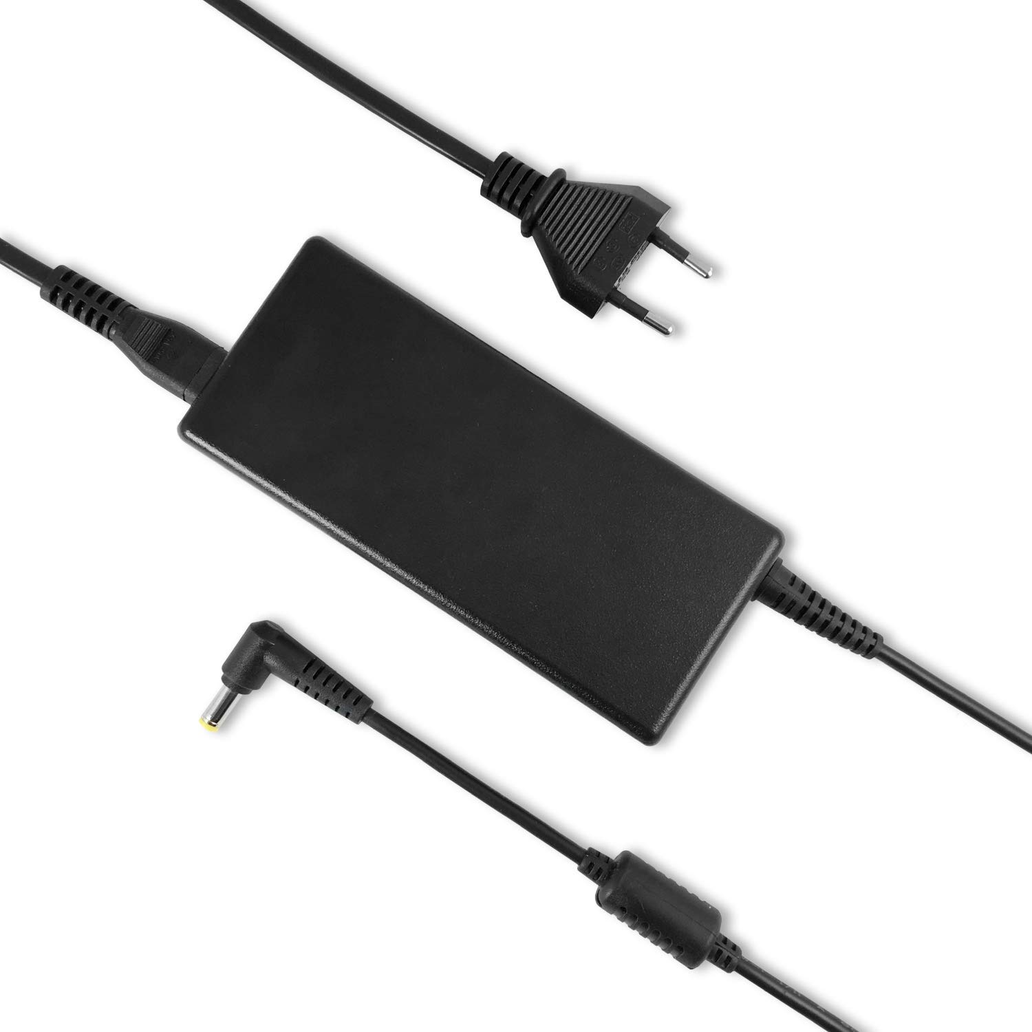 Schwarzes Laptop-Netzteil mit verschiedenen Anschlüssen.