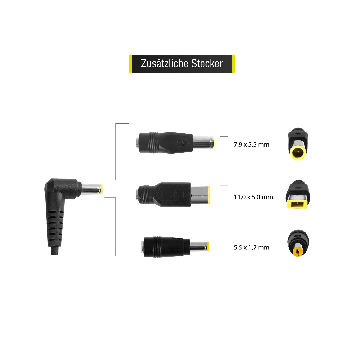 Schwarzes Laptop-Ladegerät mit mehreren Adapterspitzen. Text: Zusätzliche Stecker.