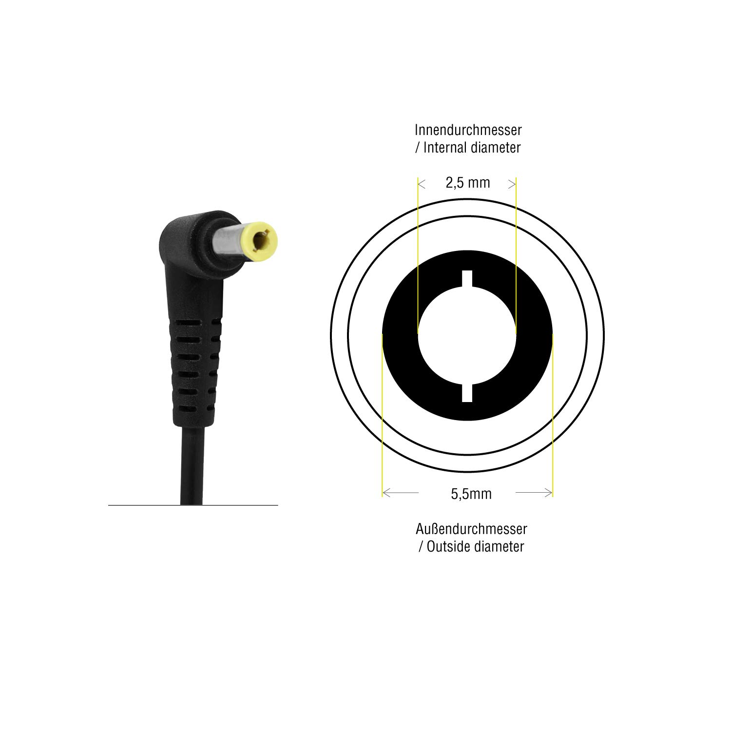 Nahaufnahme eines Netzadapters mit gelbem Mittelstift und seinen Abmessungen.