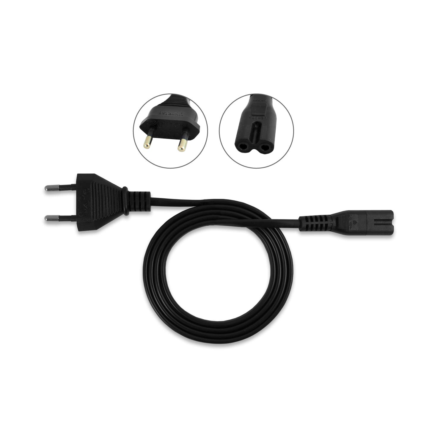 Schwarzes Netzkabel mit zwei Steckertypen: Eurostecker und C7-Stecker.