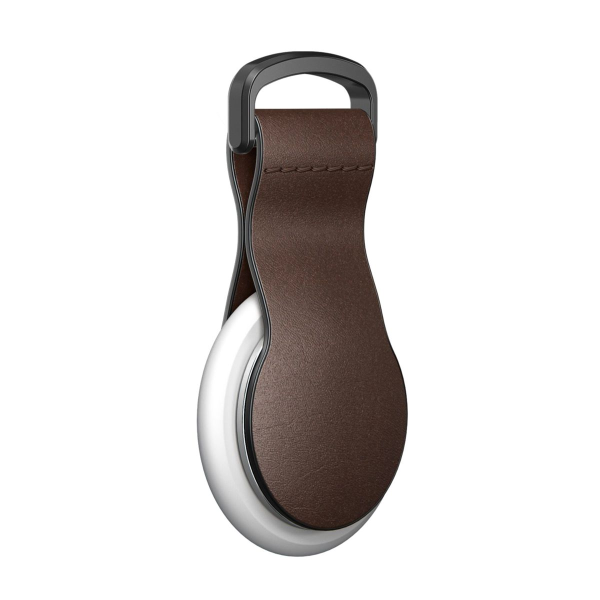 Ein brauner Leder-AirTag-Halter mit schwarzer Schlaufe, vor weißem Hintergrund.