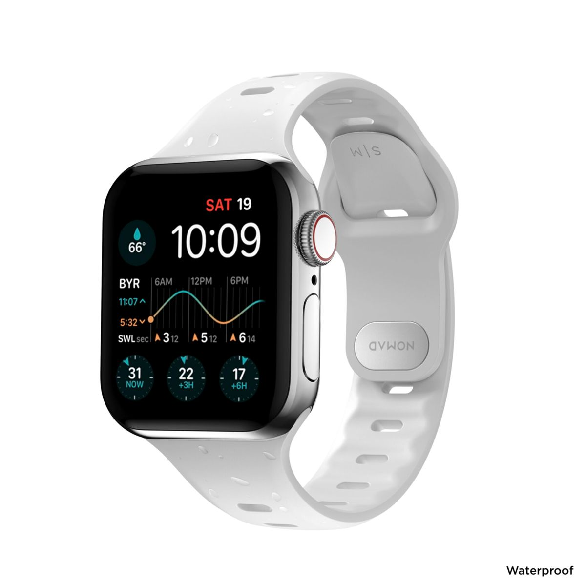 Biały smartwatch z srebrną kopertą i pełnym ekranem wyświetlającym czas i pogodę.
