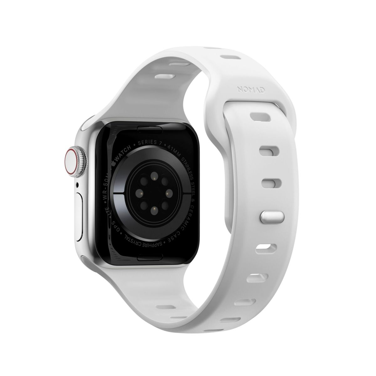 Biały smartwatch z srebrną obudową i czarnymi czujnikami z tyłu.