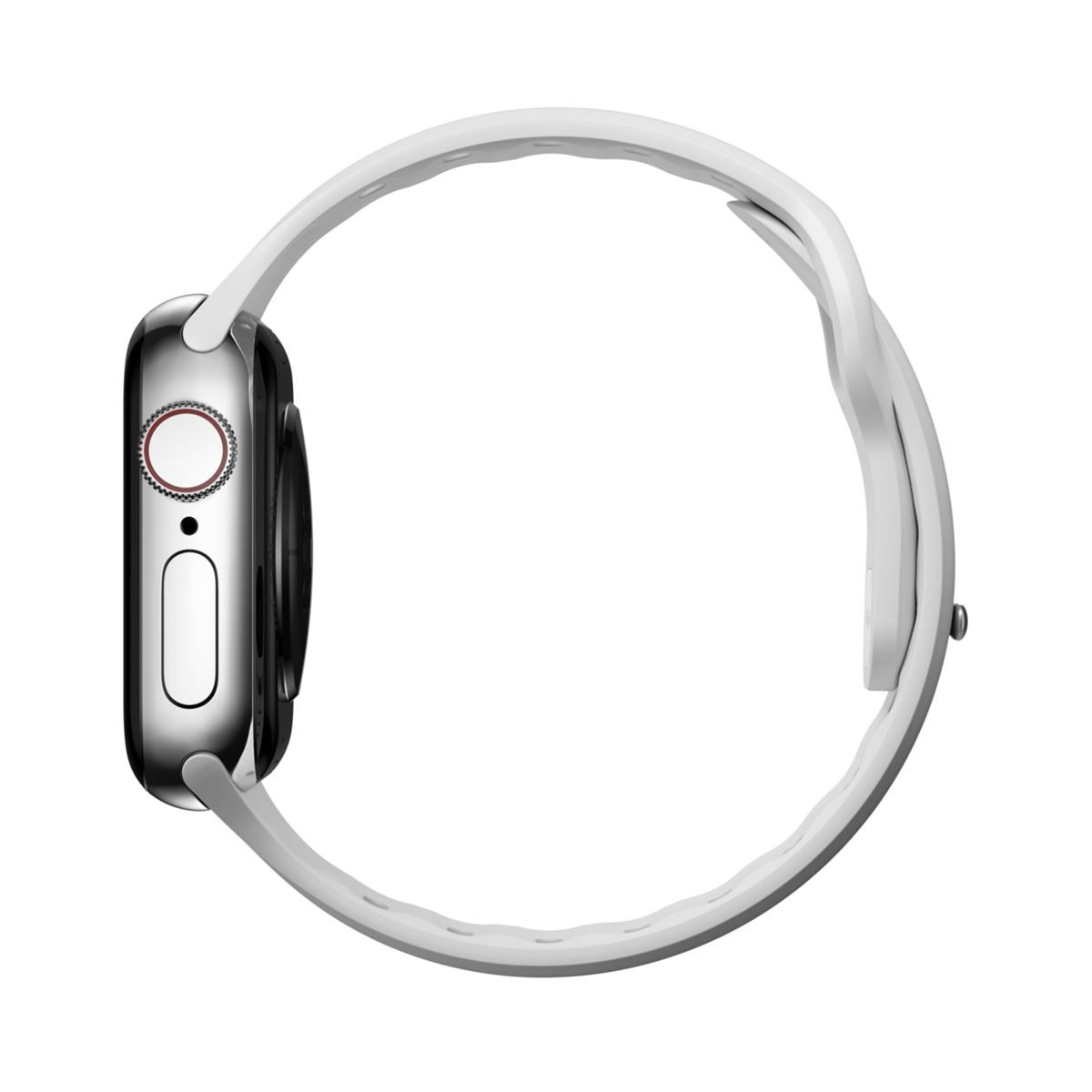 Srebrny smartwatch z białym paskiem na białym tle.