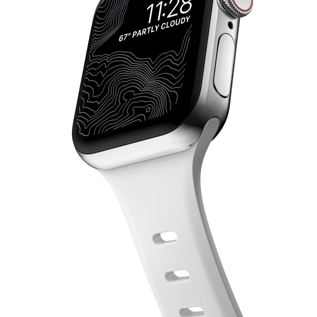 Srebrny smartwatch z białym paskiem wyświetla 11:28 i 67° częściowo pochmurno.