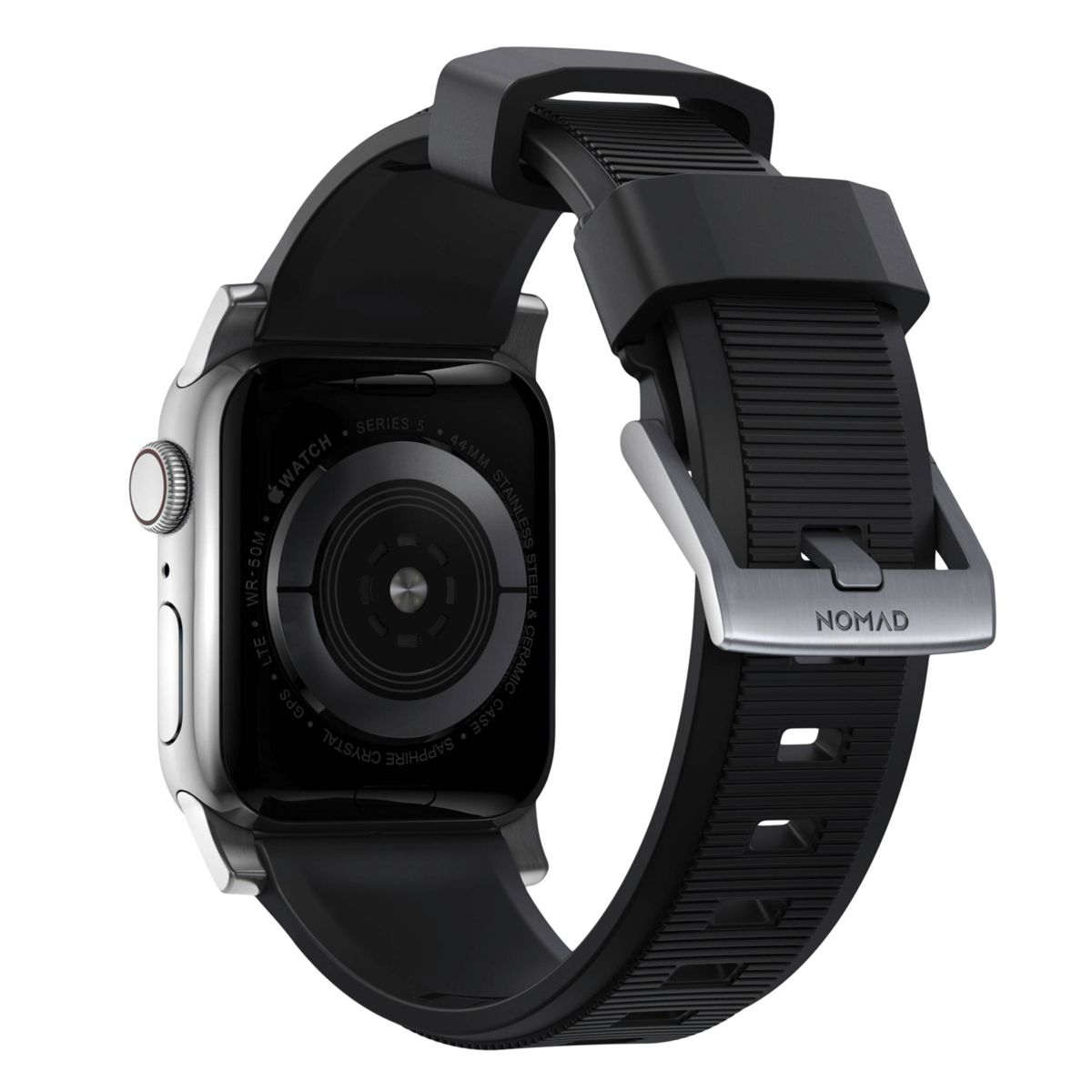Apple Watch mit schwarzem Armband. Die Rückseite der Uhr ist sichtbar, mit Sensoren und Markierungen.
