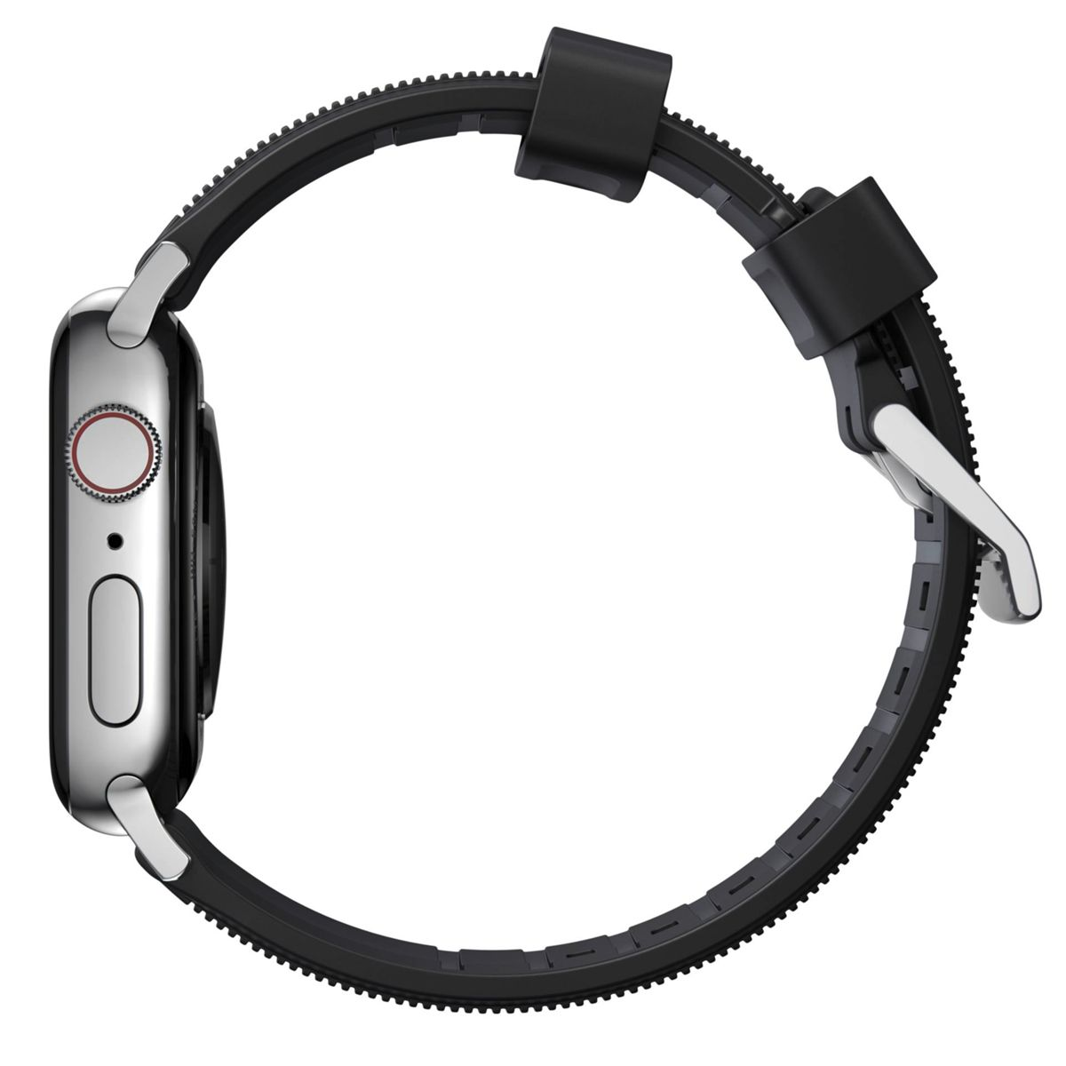 Seitenansicht einer silbernen Apple Watch mit schwarzem Armband.