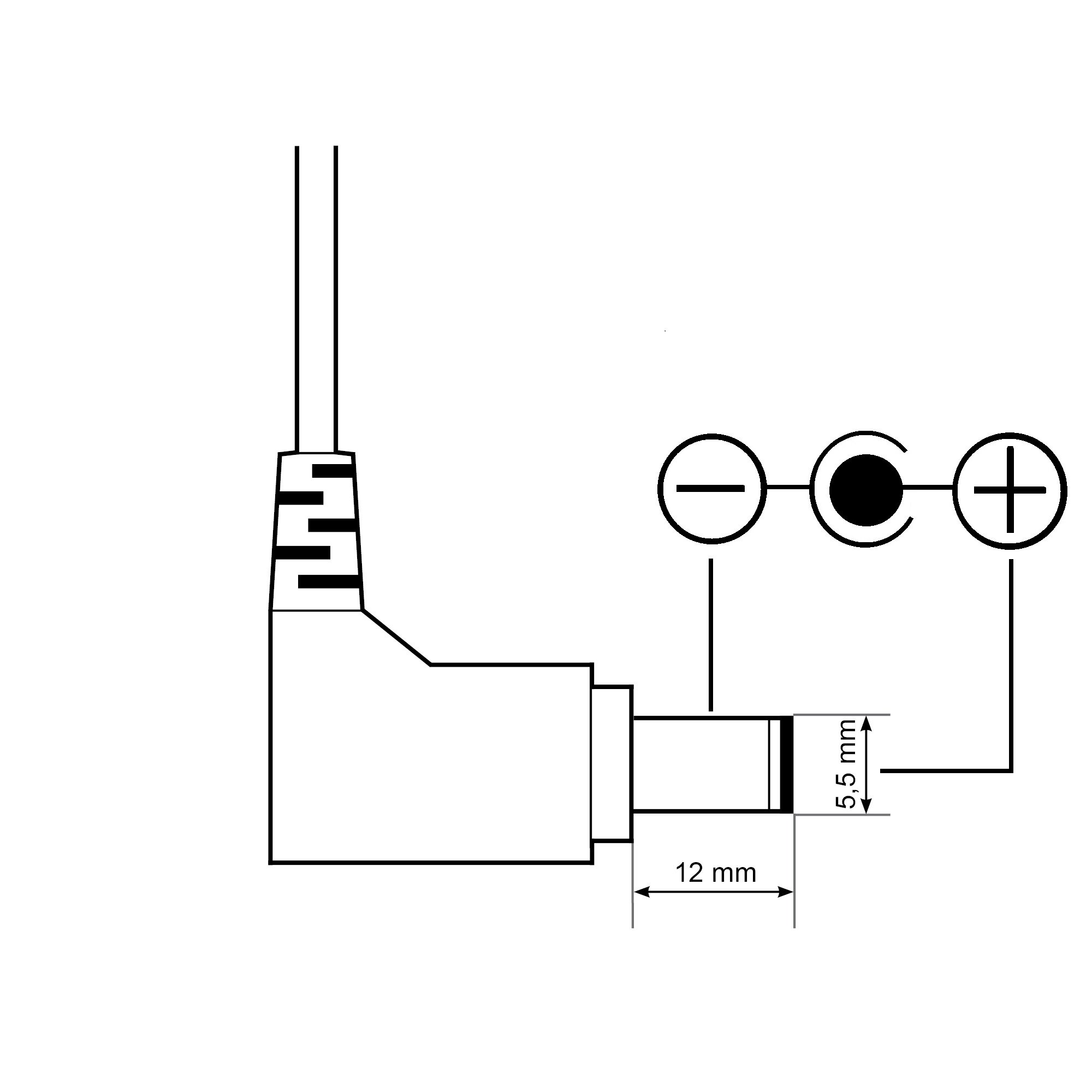 Schwarz-weißes Diagramm eines Stromanschlusses mit Abmessungen.